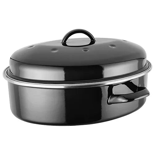 Judge Essentials black enamel oval roaster with lid and side handles, shown from a side angle.