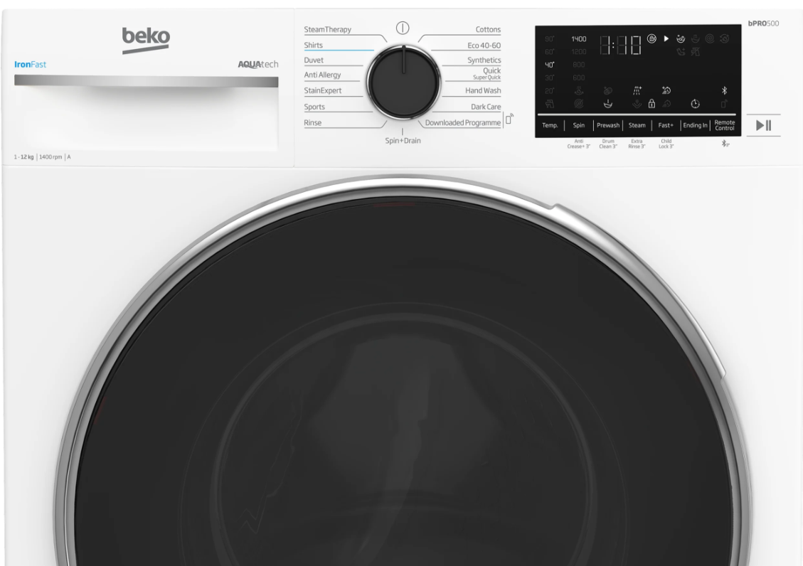 Front view of Beko 12kg 1400rpm white washing machine with control dial and digital display panel.