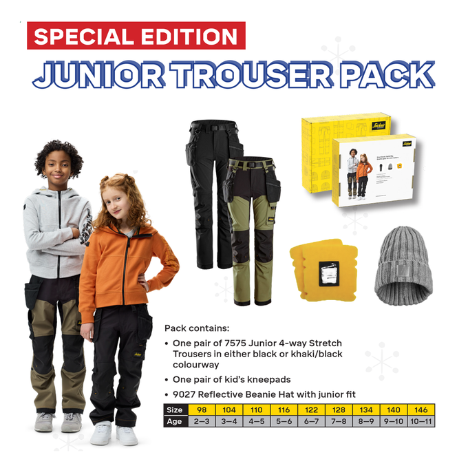 Snickers Junior Trousers gift box with beanie and knee pads, windproof, 4-way stretch, reflective, adjustable length – Keans