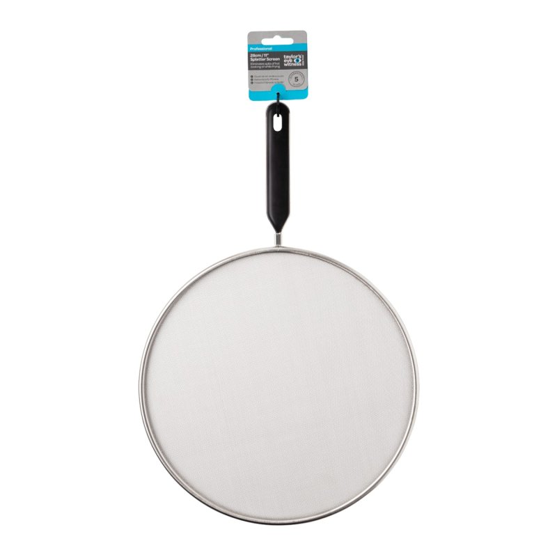28cm splatter guard with fine mesh screen and black handle, hanging with product label attached.