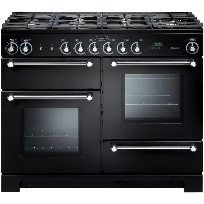 Rangemaster Kitchener 110 black natural gas range cooker with six burners, two ovens, and chrome handles.