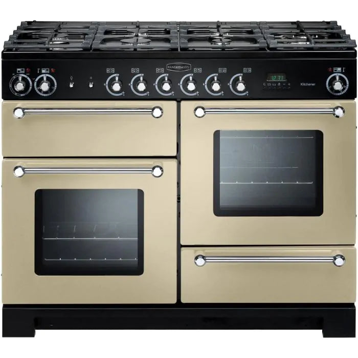 Rangemaster Kitchener 110 natural gas range cooker in cream with chrome trim, showing front view with ovens and burners.