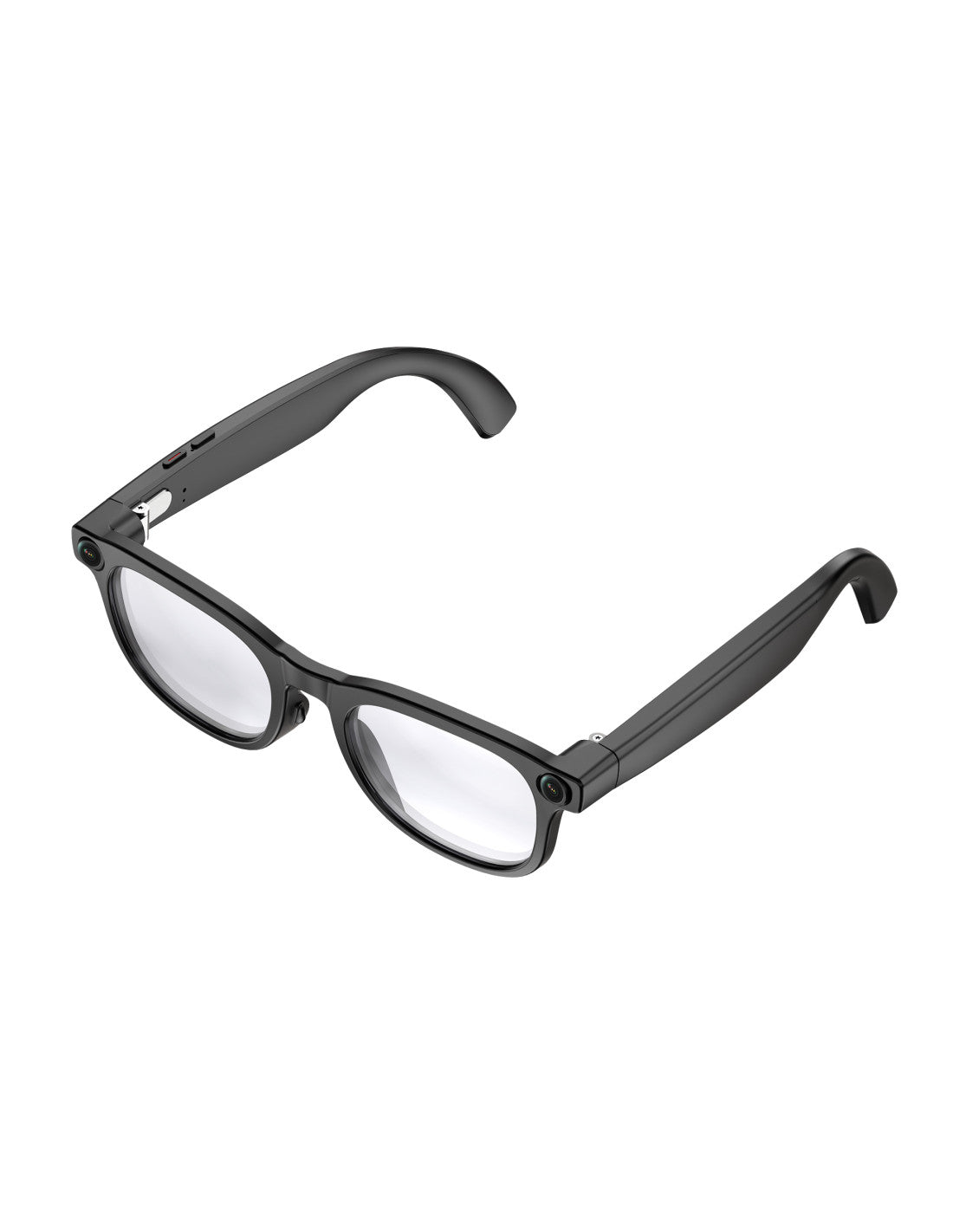 KSIX Spectrum AI Smart Glasses in black with clear lenses and dual cameras on the frame corners.
