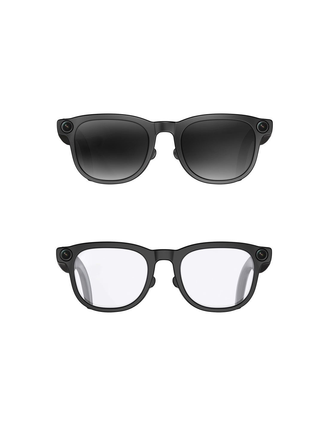 KSIX Spectrum AI Smart Glasses shown in black with one pair tinted and one clear, both with cameras on the frames.