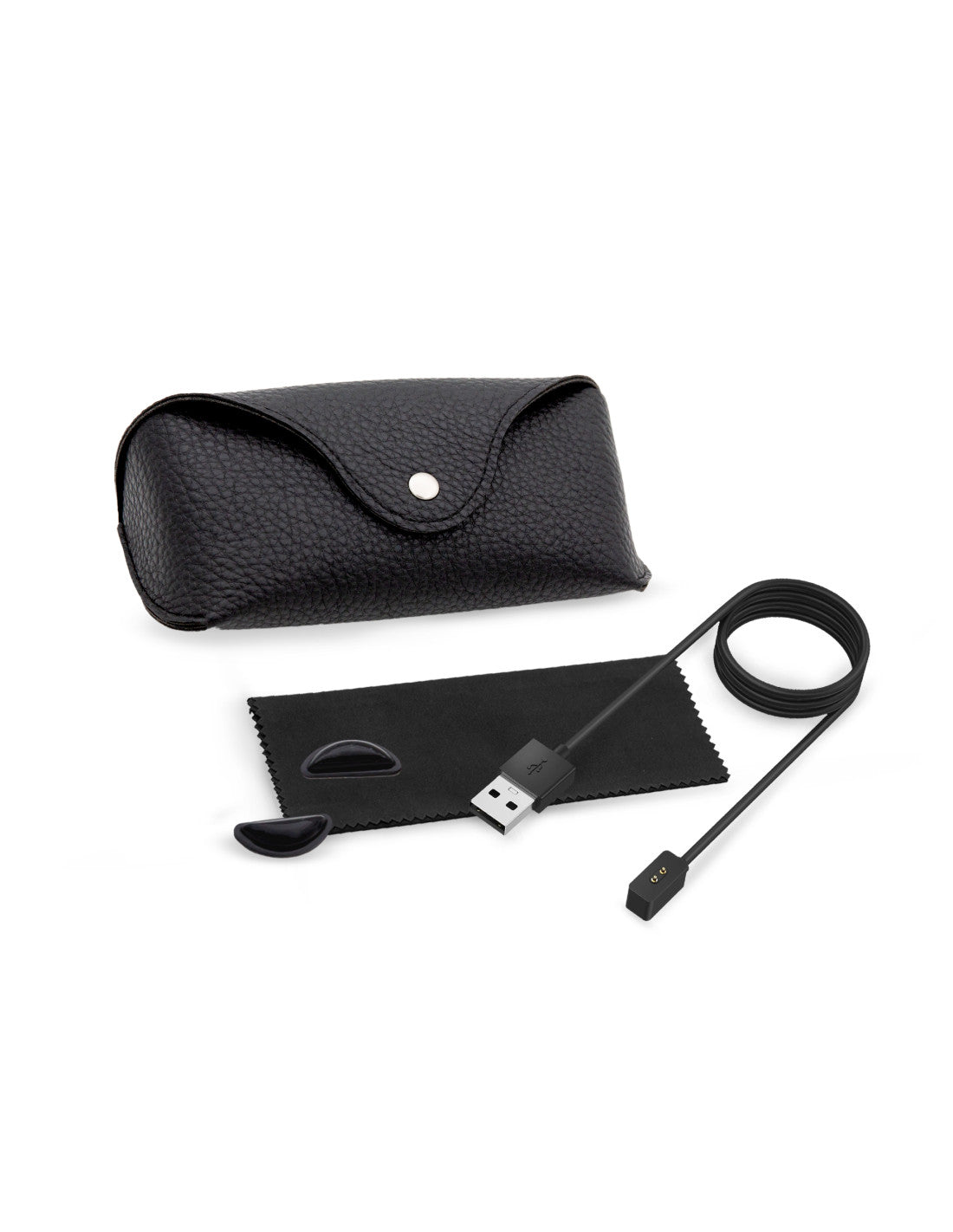 Black textured glasses case, USB charging cable, cleaning cloth, and nose pads for KSIX Spectrum AI Smart Glasses