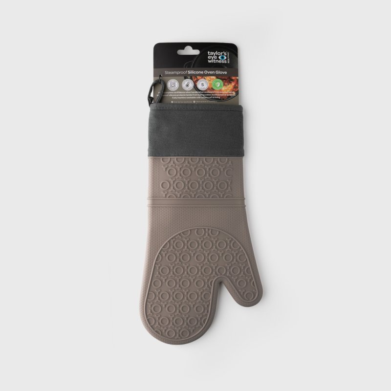 Grey steamproof silicone oven glove for heat protection, durable and flexible – available at Keans Claremorris.