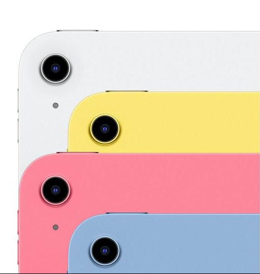 Close-up of Apple iPad 10.9" 10th Gen rear cameras in white, yellow, pink, and blue colors stacked.