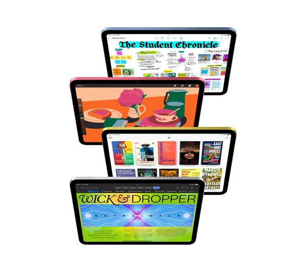 Four Apple iPad 10.9" 10th Generation tablets in blue, pink, yellow, and silver, showing different colorful screens.