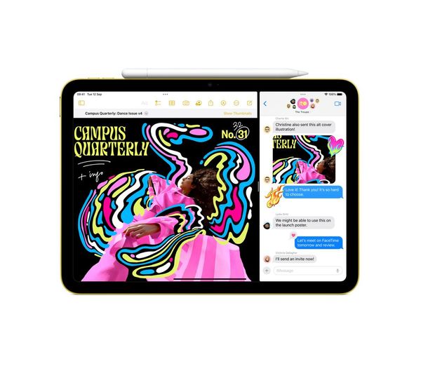 Apple iPad 10.9" 10th Gen in yellow showing split screen with colorful artwork and messaging app, Apple Pencil on top