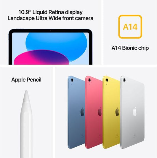 Apple iPad 10.9" 10th Gen in blue, pink, yellow, and silver with Apple Pencil and A14 chip details.