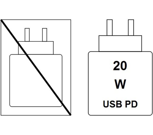 Apple iPad 10.9" 10th Generation with 20W USB PD charger adapter illustration showing correct and incorrect usage.