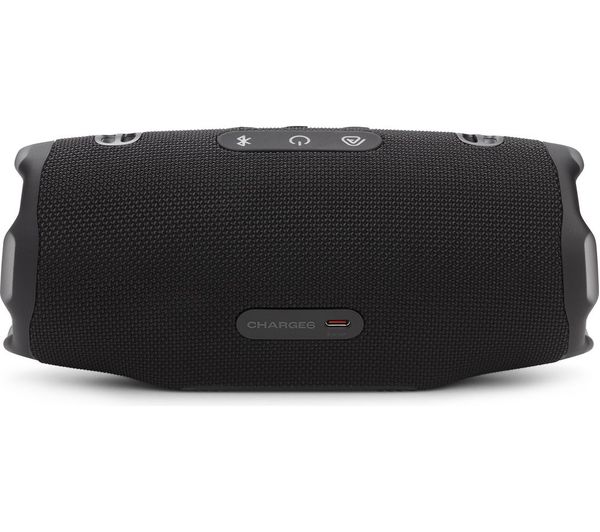 JBL Charge 6 portable black Bluetooth speaker shown from the front with control buttons and charging port visible.