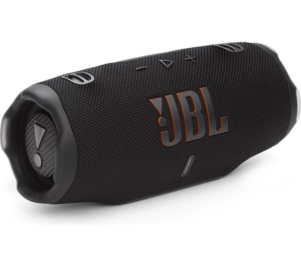 JBL Charge 6 portable black Bluetooth speaker angled to show front logo and side passive radiator.