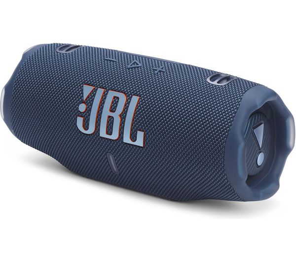 Blue JBL Charge 6 portable Bluetooth speaker angled to show front and side controls with textured fabric grille.