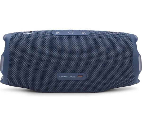 Blue JBL Charge 6 portable Bluetooth speaker front view showing fabric texture and control buttons on top