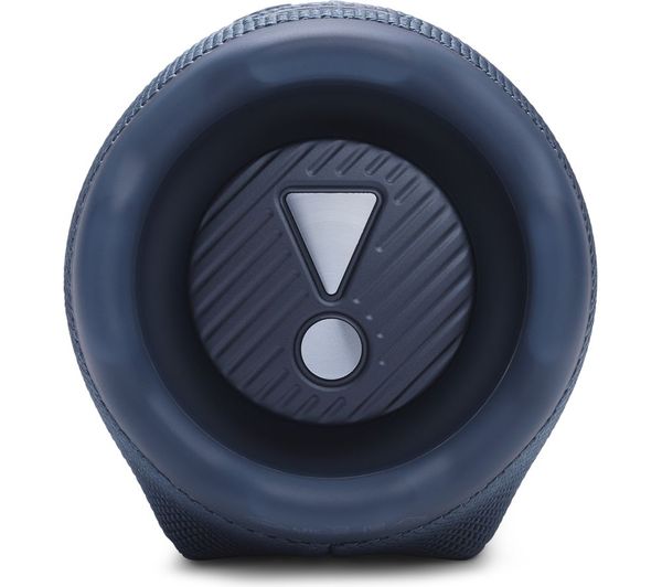 Close-up of the blue JBL Charge 6 portable Bluetooth speaker showing the circular end with a triangle and circle design.