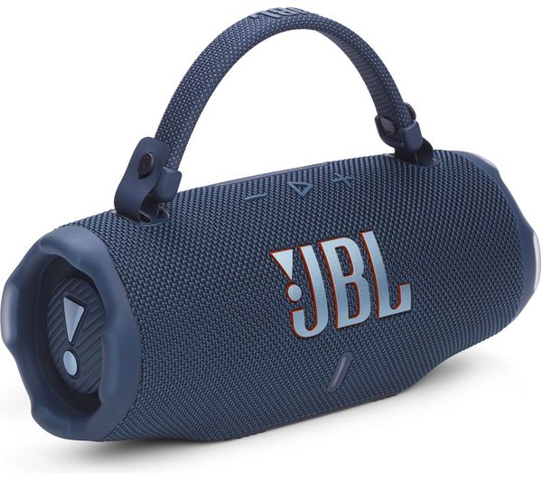 JBL Charge 6 portable Bluetooth speaker in blue with fabric handle and visible control buttons on top