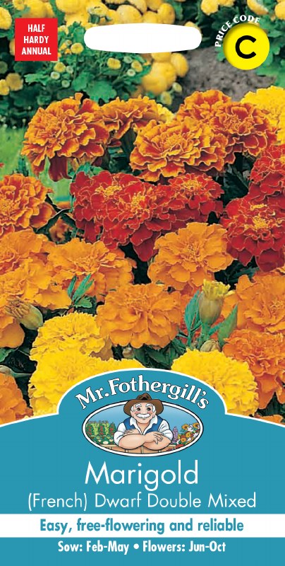 Bright orange, yellow, and red French Marigold flowers in a dense, bushy cluster on seed packet.