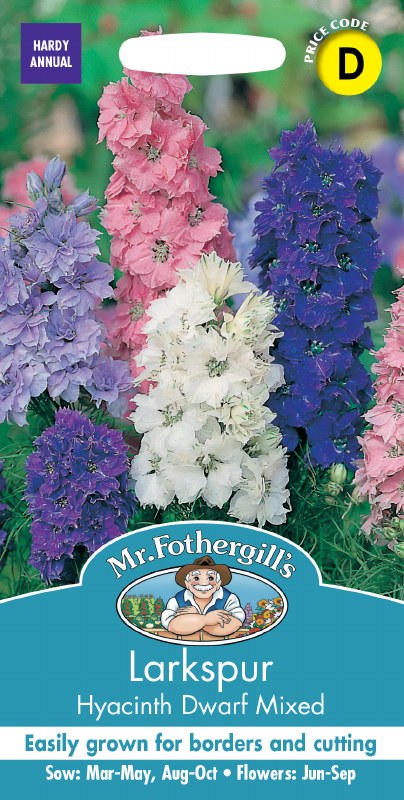 Colorful spikes of dwarf Larkspur Hyacinth flowers in pink, white, purple, and blue on seed packet.