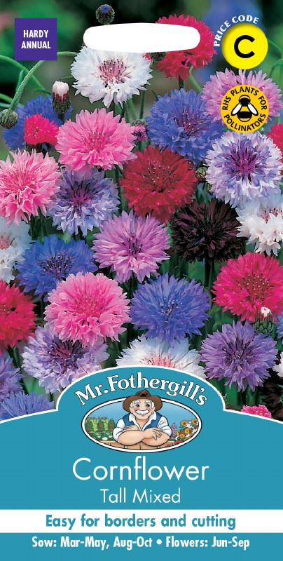 Bright mixed-color cornflower blooms in shades of pink, blue, purple, red, and white on seed packet.