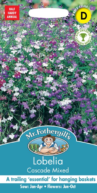 Lobelia Cascade Mix seeds packet showing trailing purple, white, and pink flowers in a hanging basket.