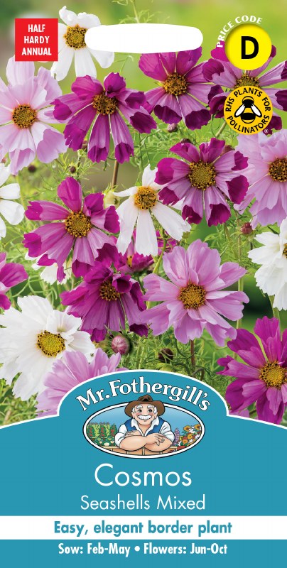 Cosmos Seashells Mix seeds packet showing tall cosmos flowers in shades of pink, cream, and white with ruffled petals.