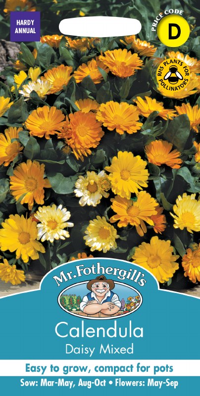 Bright yellow, orange, and cream calendula daisy mix flowers with green foliage on seed packet front.