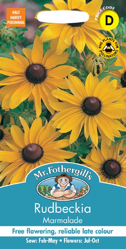 Bright yellow Rudbeckia Marmalade flowers with dark brown centers on seed packet front.