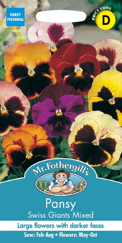 Bright pansy flowers in mixed colors with large petals and dark contrasting blotches on seed packet.