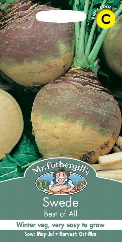 Close-up of Mr Fothergill’s Swede Best Of All roots with green stems and sliced swede pieces on packaging.