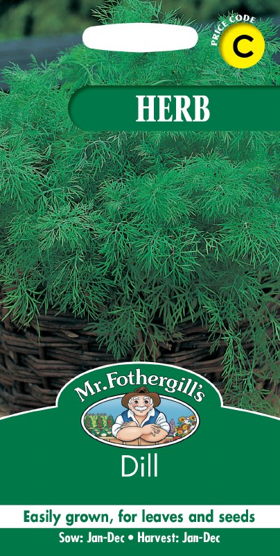 Mr Fothergills Dill seed packet showing fresh green dill herb in a basket with planting and harvest info.