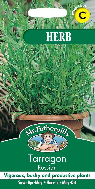Bushy Russian Tarragon herb plant in a pot with green leaves on seed packet packaging.