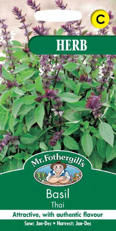Mr. Fothergills Thai Basil seed packet showing green basil leaves with purple flower spikes.