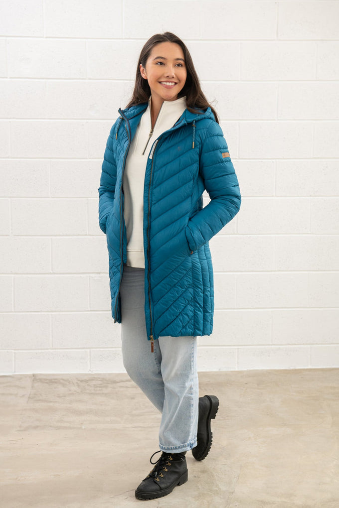 Laurel Ladies Coat size 20 in teal, water repellent, recycled fill, mid-length, antique zip – Keans Claremorris