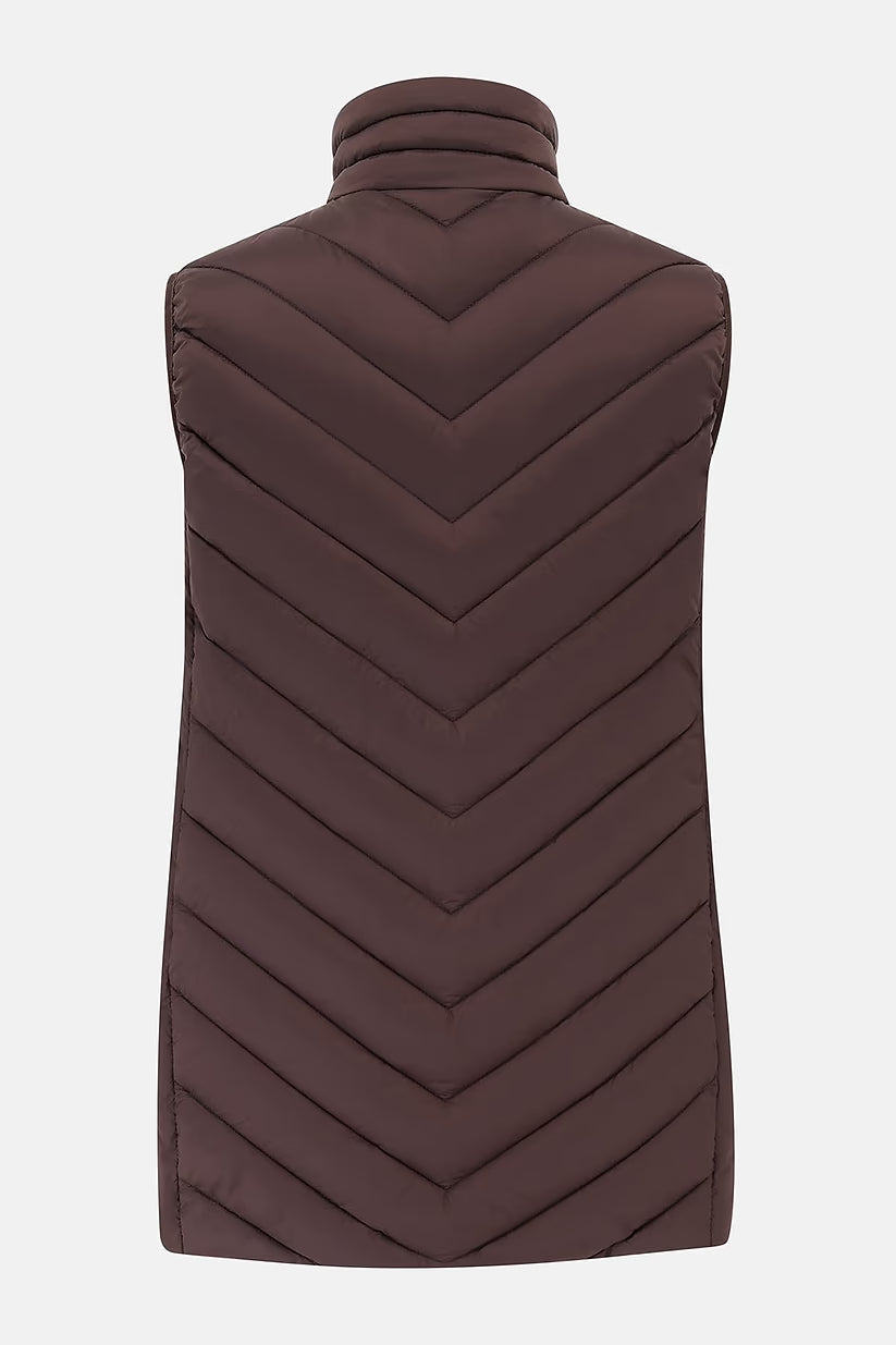 Back view of a cocoa-colored Laurel Ladies Gilet with chevron quilted pattern and high collar.
