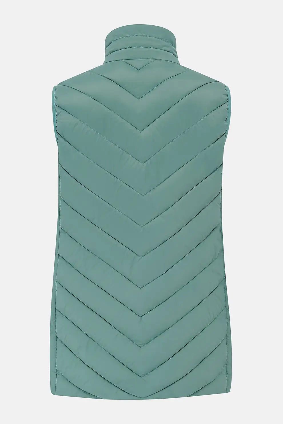 Back view of a duck egg blue padded Laurel Ladies Gilet with chevron stitching and a stand collar.