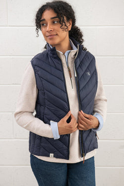 Laurel Ladies Navy Gilet with sustainable fill, water repellent, antique zip, two pockets, hip-length by Keans Claremorris