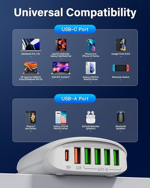 LD 65W Desktop 6 Port Charger with fast charging, compact design – available at Keans Claremorris
