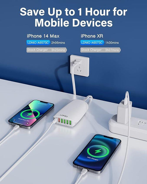 LD 65W Desktop 6 Port Charger with fast charging, compact design – available at Keans Claremorris.