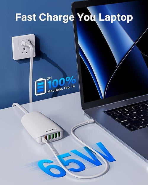 LD 65W Desktop 6 Port Charger with fast charging, compact design – available at Keans Claremorris
