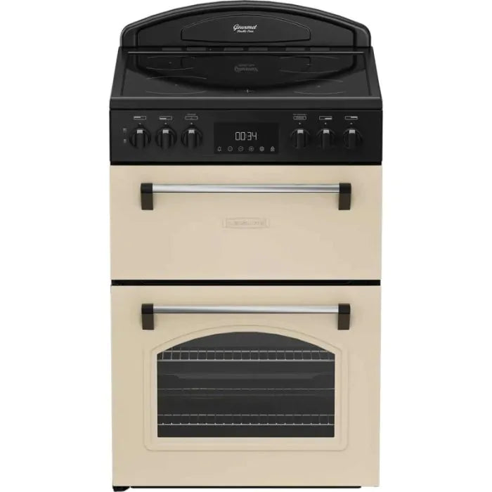 Leisure CLB60ECC cream 60cm double oven electric cooker with black ceramic hob and metal handles
