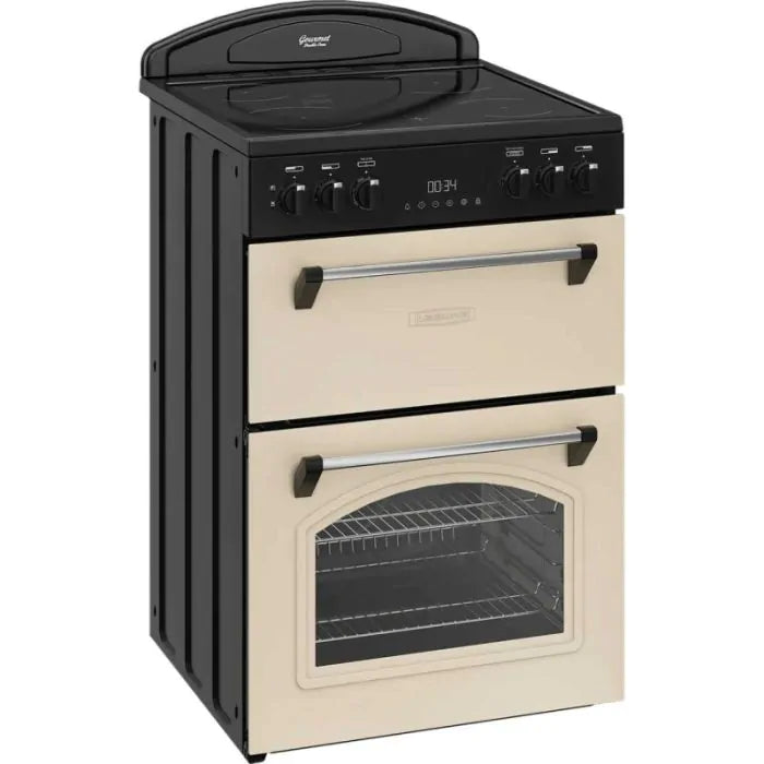 Leisure CLB60ECC cream double oven electric range cooker with black ceramic hob and control knobs