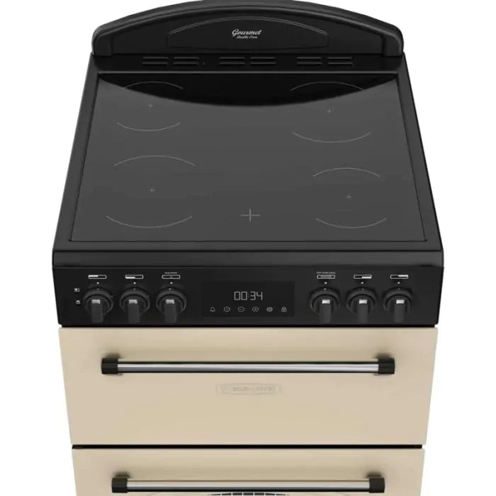Leisure CLB60ECC cream double oven electric range cooker with black ceramic hob and control knobs