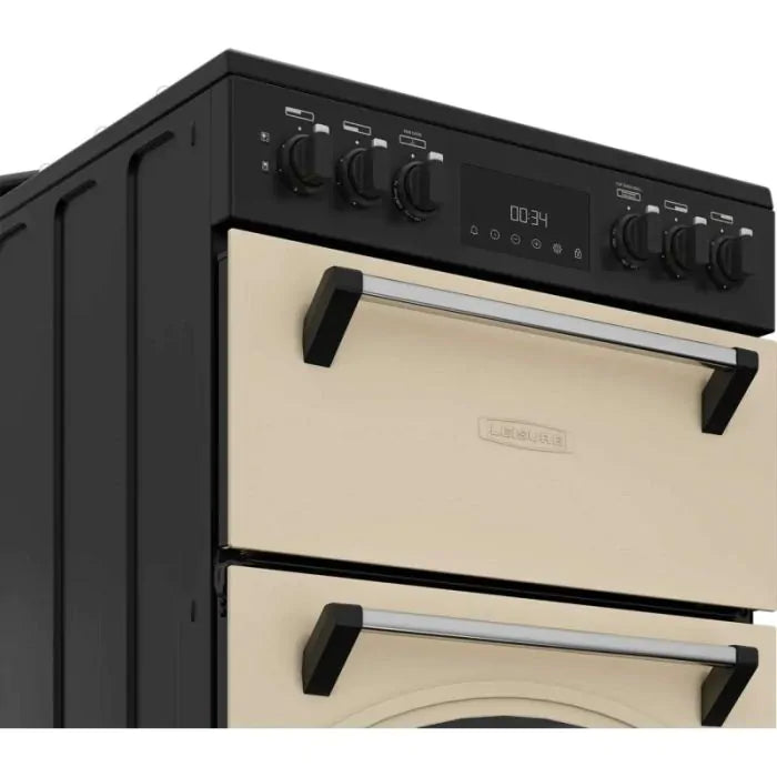 Leisure CLB60ECC cream double oven electric range cooker with black control panel and knobs