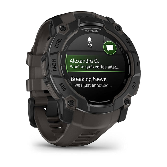 Garmin Instinct 3 50mm AMOLED smartwatch in black with charcoal band, rugged design – available at Keans Claremorris