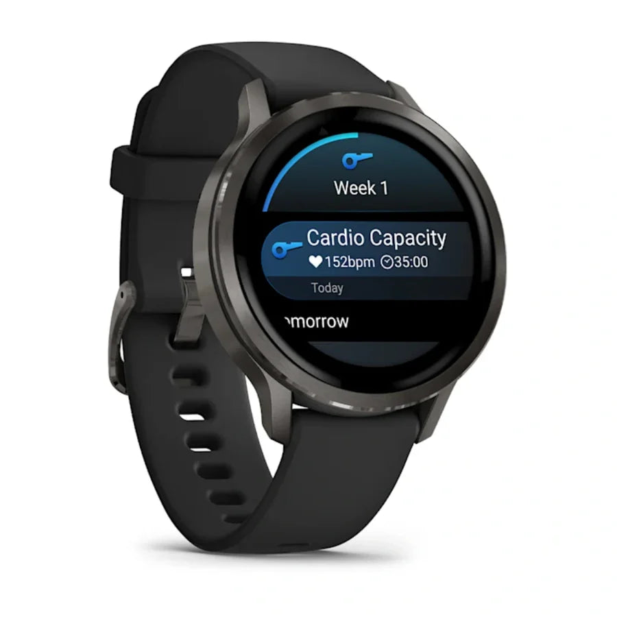 Garmin Venu 4 smartwatch in black with slate bezel showing cardio capacity and heart rate on screen