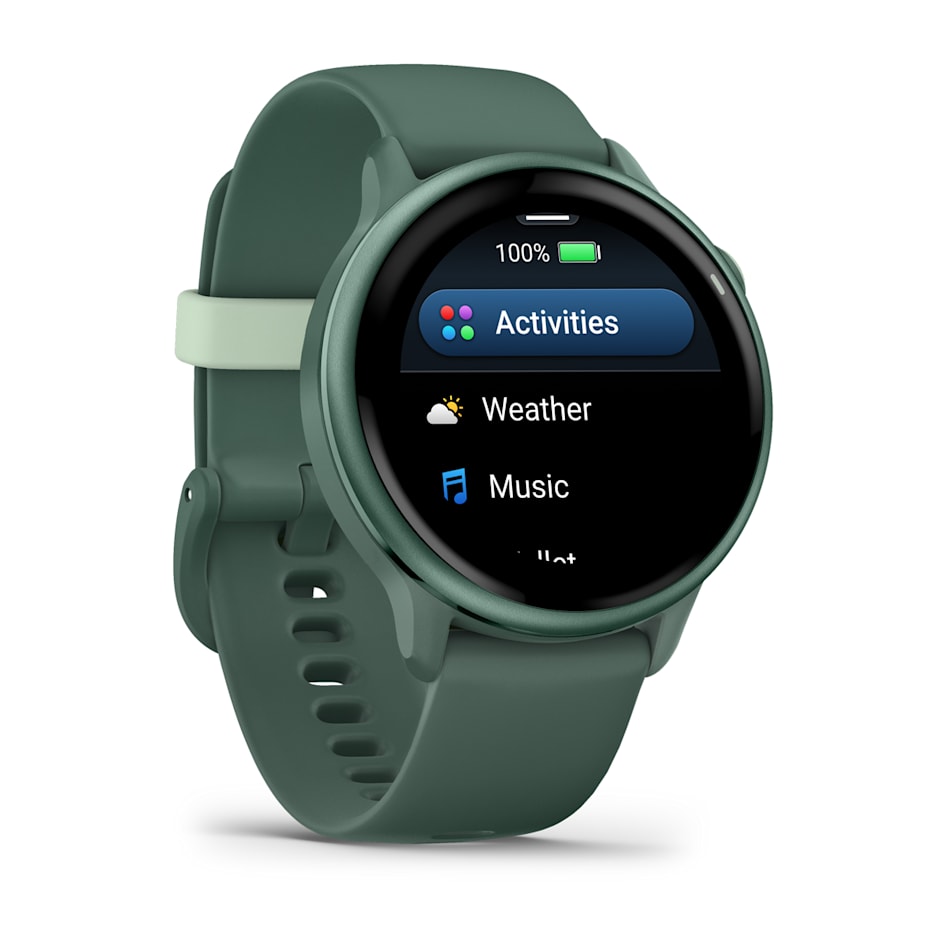 Garmin Vivoactive 6 smartwatch in jasper green showing activities menu and 100% battery on screen