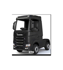 Licensed Scania 24V black ride-on truck with trailer, 4WD, suspension, leather seat, LED lights, USB port – Keans Claremorris