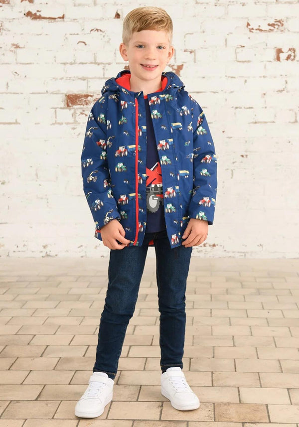 Ethan Boys Navy Waterproof Tractor Print Coat with Hood, Fleece Lining, and Front Pockets – Little Lighthouse at Keans