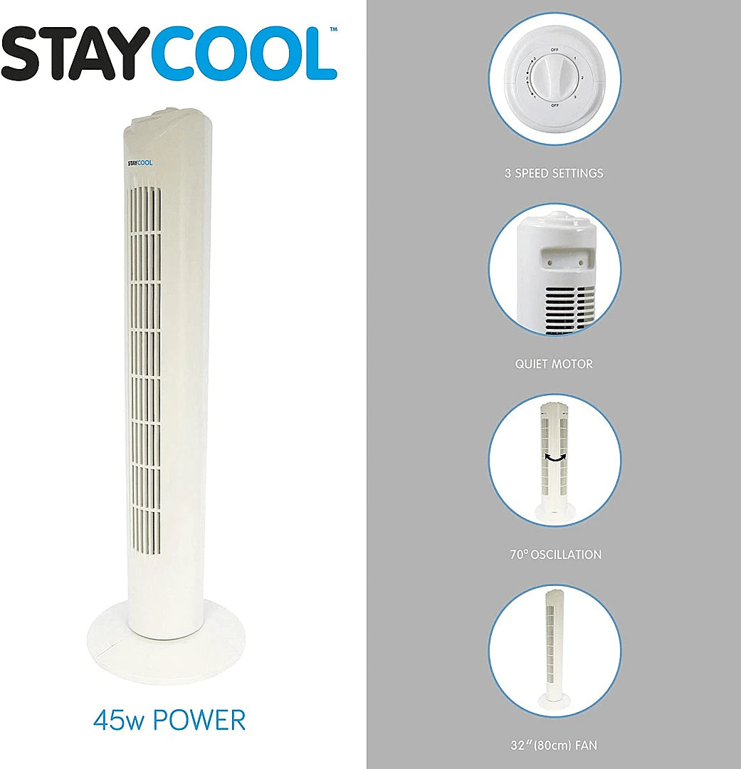 White Lloytron 32'' 45W tower fan with vertical vents and round base shown front view.